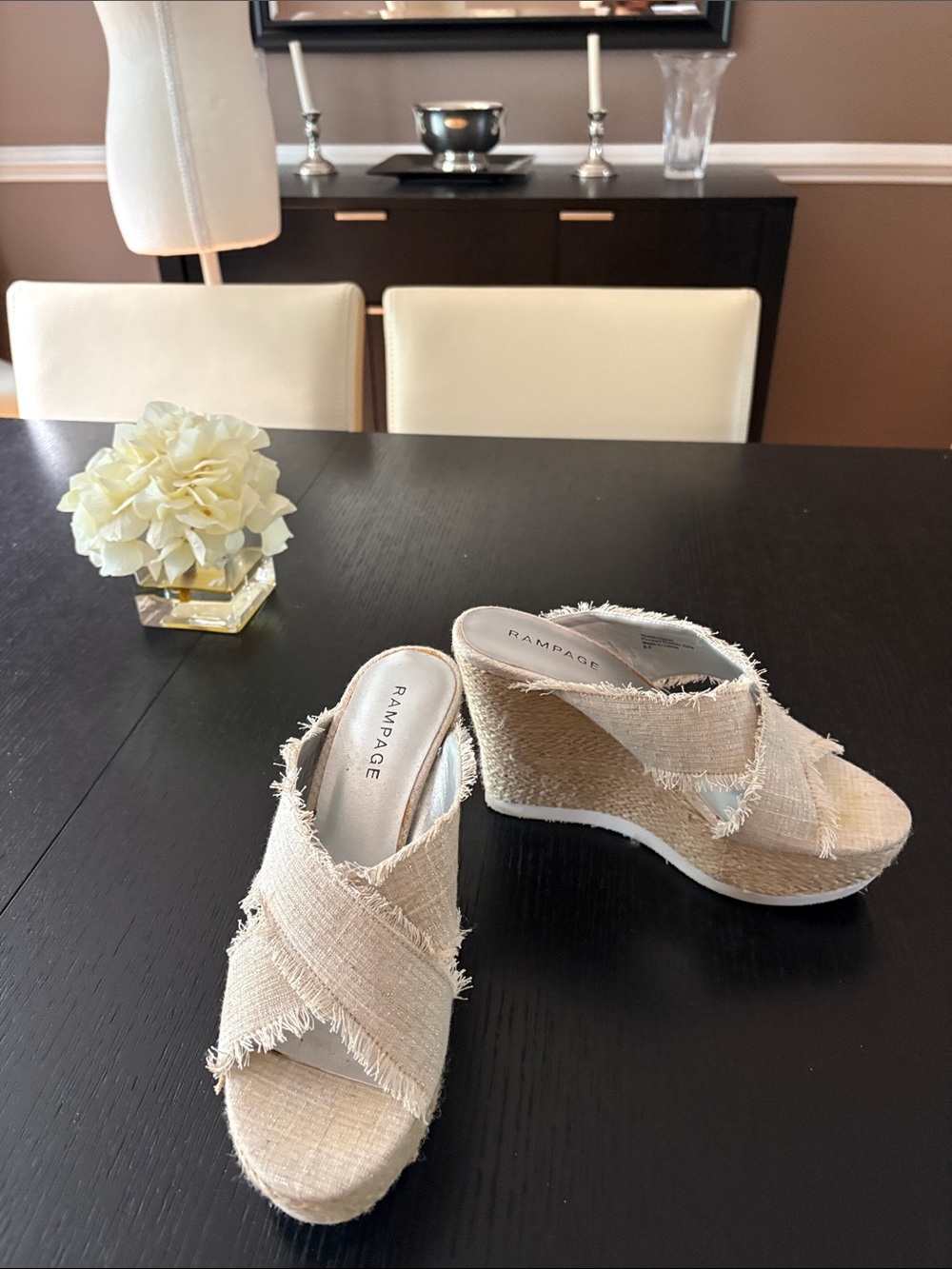 Rampage Neutral Frayed Espadrille Wedge Sandals